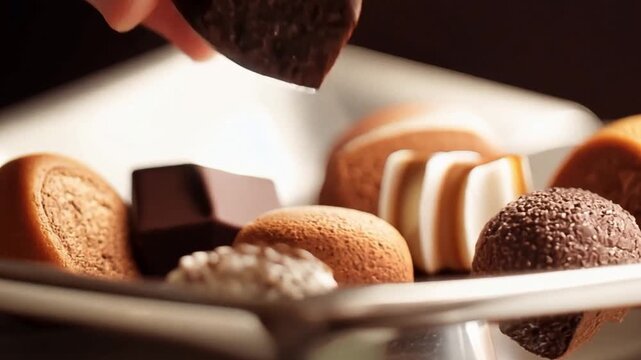 Delicious fine chocolate pralines on a plate turn.