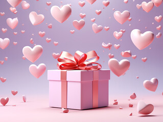 Red background with heartsballoons and gift packages with copy space.