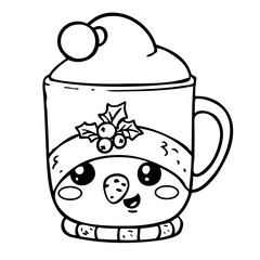 Cup with lid in the form of a cute cartoon snowman in a hat with pompom, freehand linear drawing