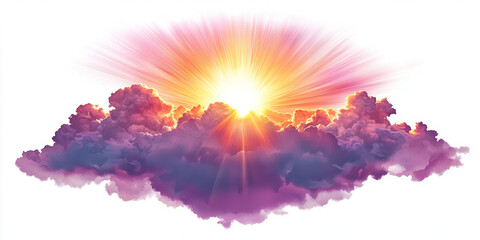 sunset with amazing lens flare effect, rays of sunlight breaking through clouds, on white background