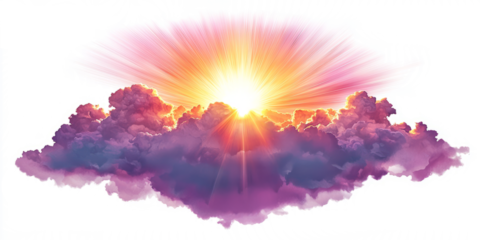sunset with amazing lens flare effect, rays of sunlight breaking through clouds, on white background