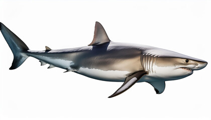 Fototapeta premium サメが横向きに泳いでいる姿が描かれています。サメは鋭い目つきと力強い体を持ち、滑らかな銀色の肌が特徴です。背景は白で、サメのフォルムが際立つシンプルで迫力のある構図になっています。generative AI