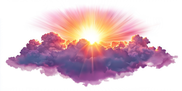 sunset with amazing lens flare effect, rays of sunlight breaking through clouds, on white background
