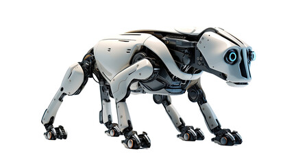 AI pet robot on white background. Telephoto lens photography Realistic daylight