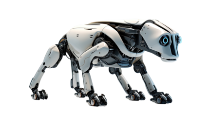 AI pet robot on white background. Telephoto lens photography Realistic daylight