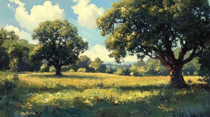 Sunlit Meadow with Two Majestic Oak Trees