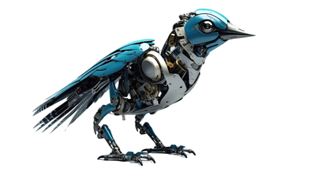 AI bird robot on white background. Telephoto lens photography Realistic daylight
