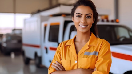 Smiling Young Woman Doctor by Ambulance