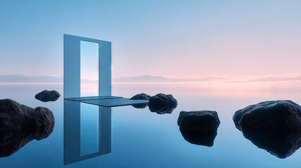 Mysterious door is standing in calm water reflecting the sunset sky, creating a surreal and tranquil atmosphere