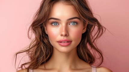 Naklejka premium Young woman with long hair and striking blue eyes poses in front of a pink background during daylight