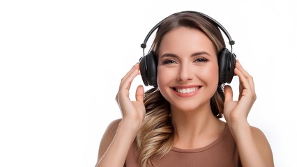 Joyful girl enjoys her favorite music. Happy woman listens to music on headphones, on white background.