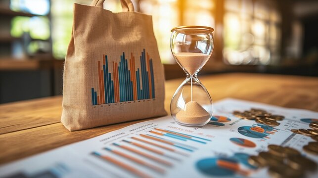 Hourglass, financial charts, and a bag symbolize time and strategy in debt management.