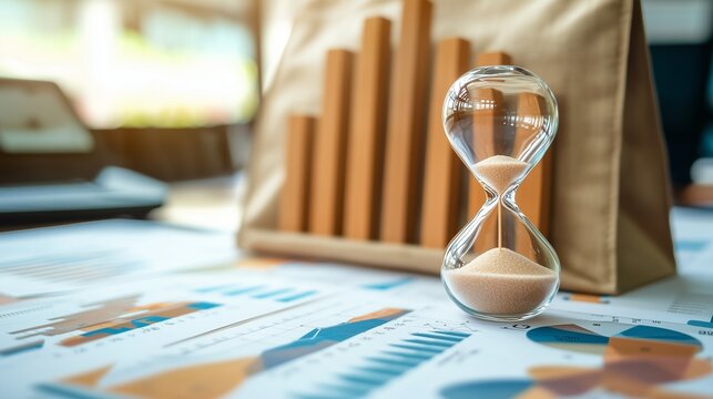 Hourglass and bar graph on financial documents symbolize time management and financial planning in budgeting.