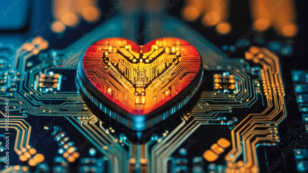 Poster a heart shape embedded in a computer chip, symbolizing the fusion of technology and emotion