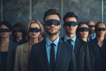 Obraz premium A group of confident individuals in suits, wearing blindfolds. They stand united, representing strength and the unknown. A powerful visual statement. Generative AI