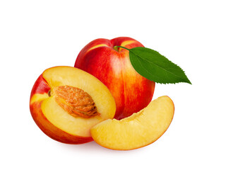 Nectarine fruit whole and half with green leaf isolated on white background