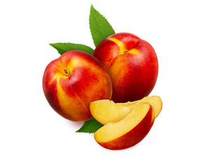 Two whole nectarines or peaches with slices and green leaves isolated on white background