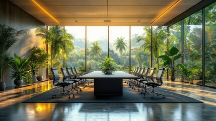Modern and elegant office space with large windows overlooking lush greenery, sunlight streaming in, creating a serene and productive work environment.