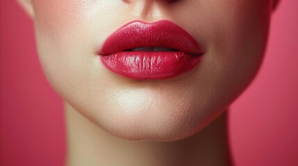 Fototapeta premium Close-up of a woman's lips with vibrant red lipstick against a soft pink background