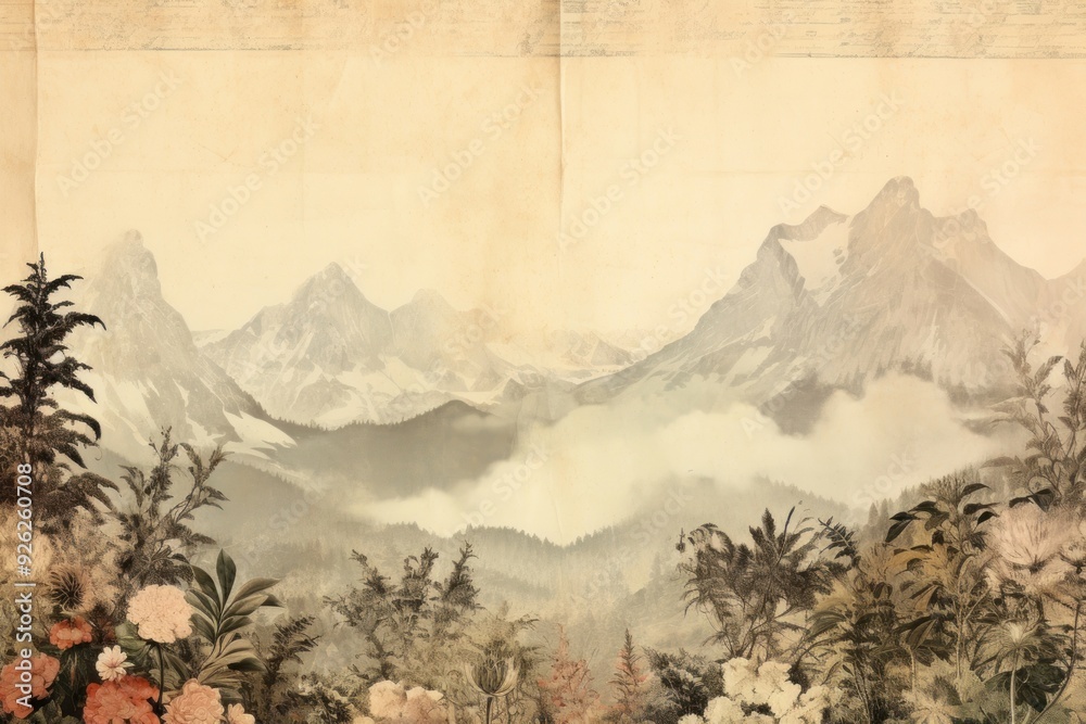 Wall mural mountain border landscape painting outdoors.