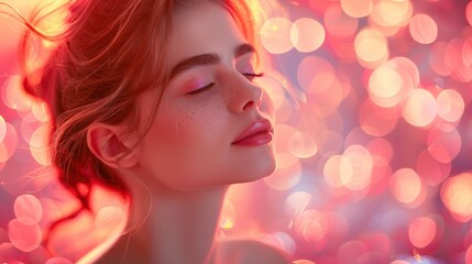 Fototapeta premium Young woman with soft makeup poses serenely against a vibrant, abstract background of colorful bokeh lights during golden hour