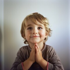 Fototapeta premium A toddler with an innocent smile brings hands together in thankful gesture, radiating happiness and sincerity in a soft-lit portrait.