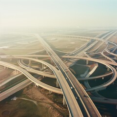 An intricate network of broad, interconnected highways stretches out beneath the morning light, emphasizing modern infrastructure and urban planning.