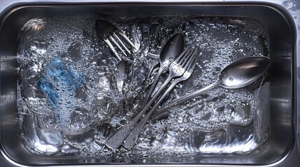 Cleaning Silverware in Kitchen Sink