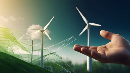 Abstract Hand Holding Wind Turbine, Renewable Energy, Low Poly Style, Geometric Background, Modern 3D Vector