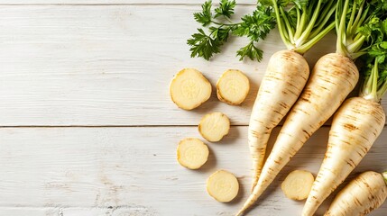 Fresh Ripe Parsnips on White Wooden Table