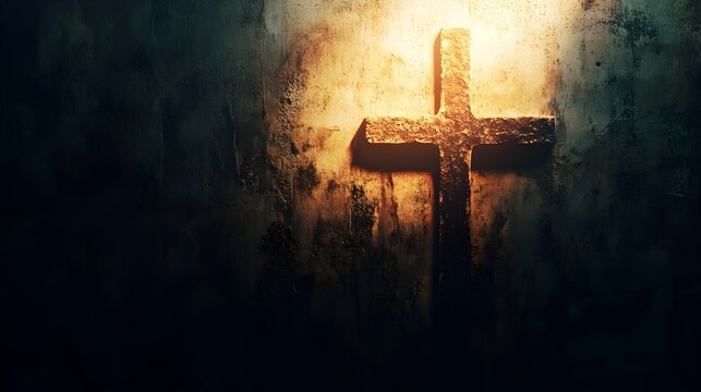 Glowing Stone Cross on Rough Wall: Dark and Moody Religious Background