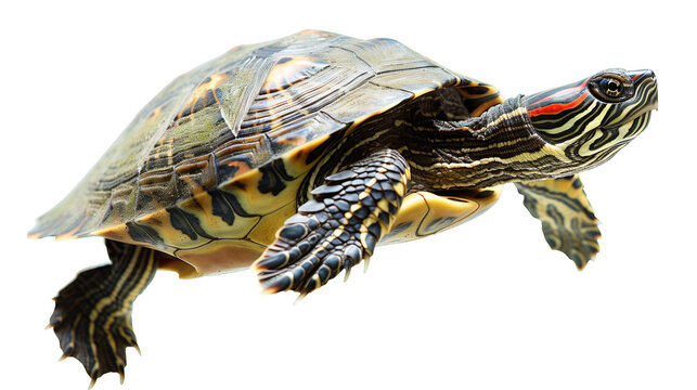 A turtle is swimming underwater, its shell and legs with a bright pattern are clearly visible
