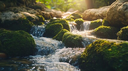 Serene Stream: Mossy rocks cradle a gently flowing stream, bathed in the warm glow of sunlight filtering through lush greenery.