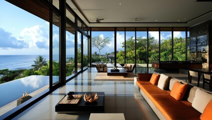 Fototapeta premium Modern living room with ocean views and a pool.