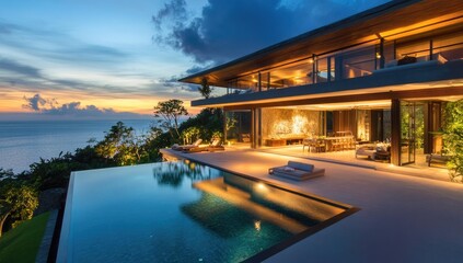 Modern house with infinity pool overlooking ocean.