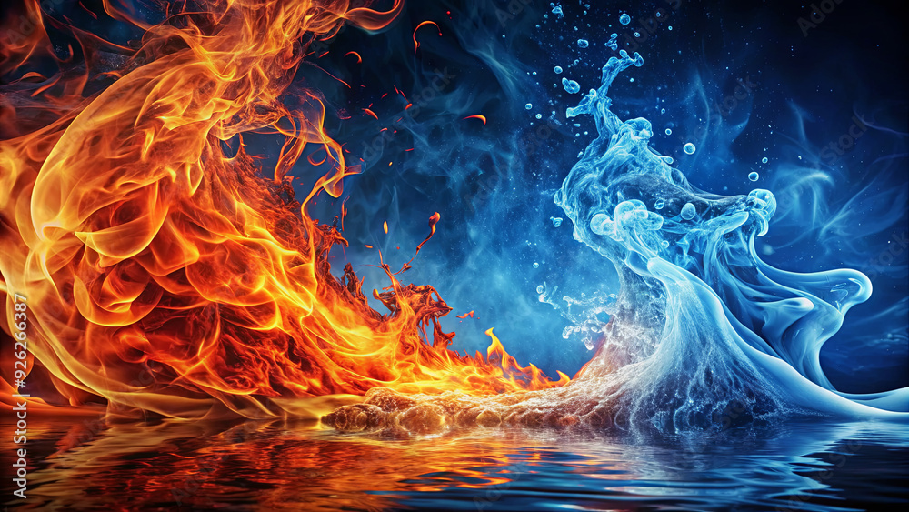 Poster fire and water elements create an intense visual contrast with vibrant flames and fluid waves intera