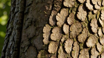 A close-up of an oak tree’s bark, showing the intricate texture and deep grooves with sunlight filtering through the leaves