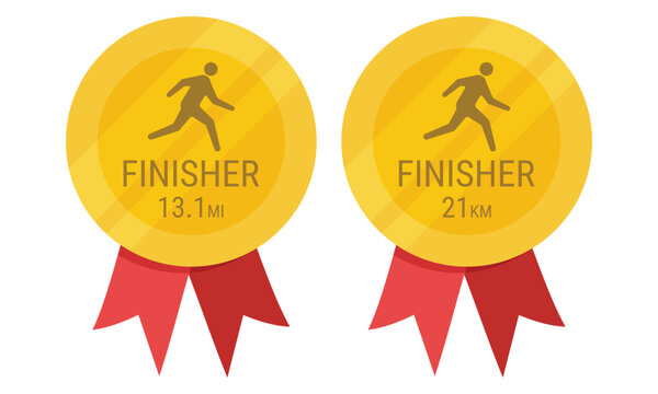 Half marathon finisher gold medal. Set of gold medals with label 21km and 13.1mi distance