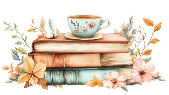 Random set Stickers Whimsical cartoonish illustration of a vintage book stack with a floral teacup and leaves, pastel colors, warm and inviting