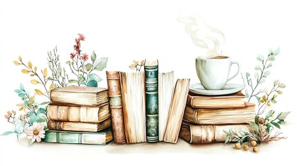 Naklejka premium A cozy arrangement of vintage books and a steaming cup of coffee, surrounded by delicate flowers, perfect for reading lovers.