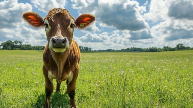 A curious young brown calf stands in the middle of a lush green field under a blue sky filled with white fluffy clouds, representing innocence and nature.