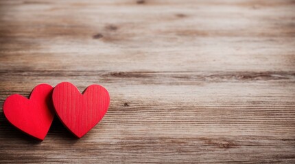 Fototapeta premium Pair of deep red wooden hearts set on textured wood with soft blur effect 