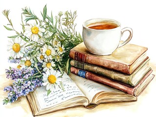 A cozy scene featuring a cup of tea, open book, stacks of books, and fresh flowers, perfect for relaxing moments.