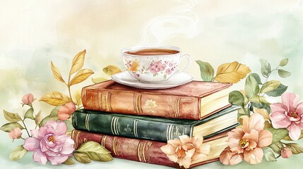 A cozy scene featuring a teacup on stacked books with vibrant flowers, perfect for book lovers and tea enthusiasts.
