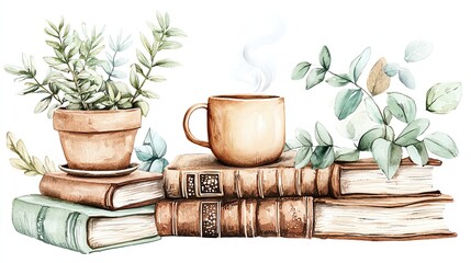 A cozy scene featuring stacked books, a warm mug, and lush plants, perfect for creating a calming atmosphere in any space.