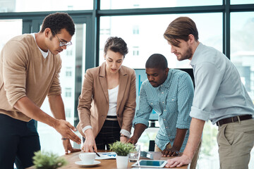 Creative, business people and communication with paper in office for project funding, financial...