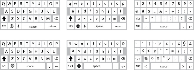 Set of smartphone keyboard in light mode, keypad alphabet, numerals buttons in trendy modern flat styles, mobile phone tab concepts for white color text app vectors isolated on transparent background.