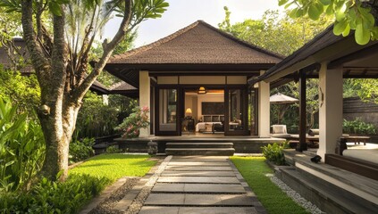 Fototapeta premium Stone path leads to tropical house with open doors.