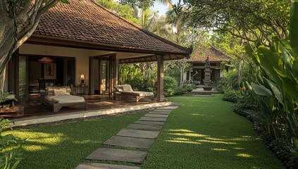 Tropical house with patio, stone path, and lush greenery.