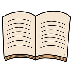 Hand drawn cartoon open book on white background.